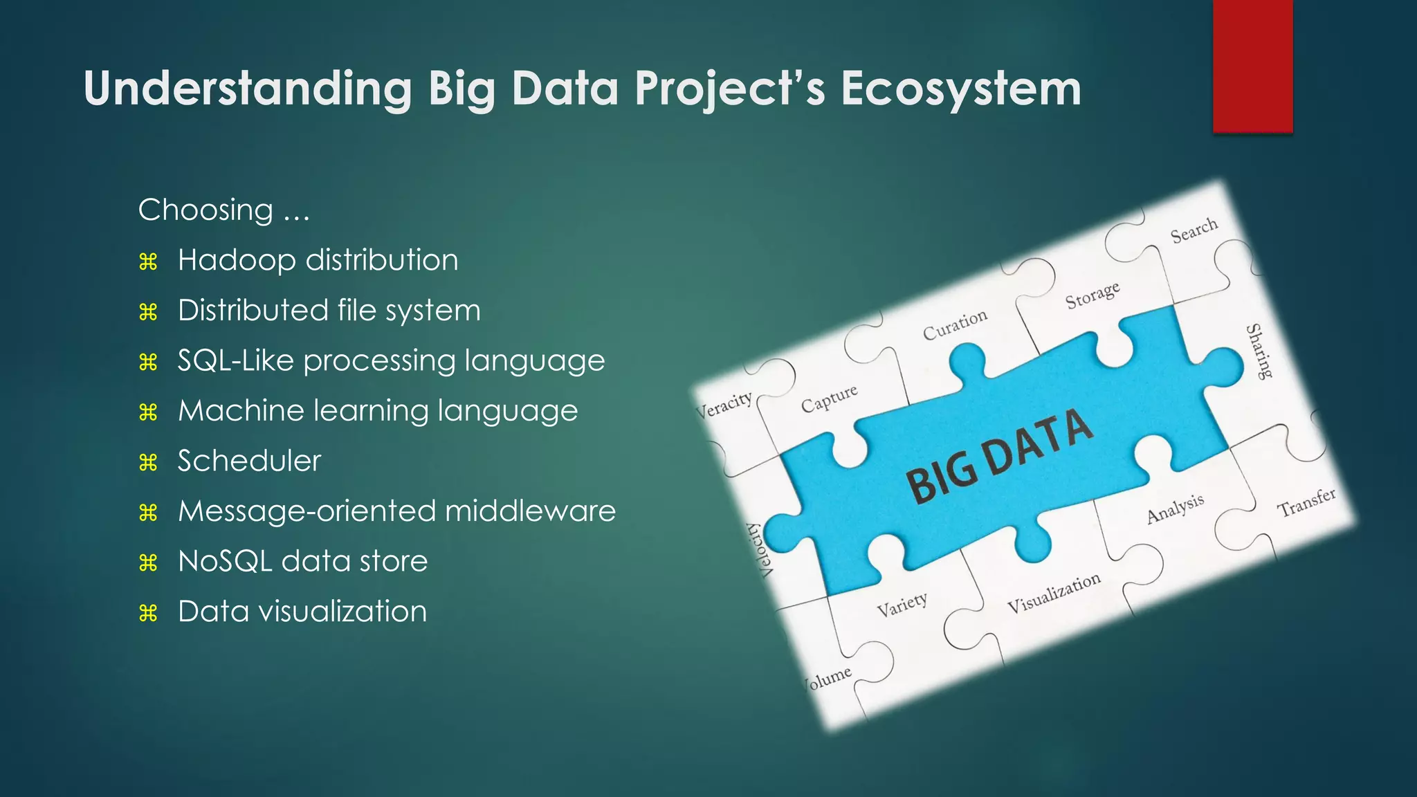 Understanding Big Data Project’s Ecosystem
Choosing …
 Hadoop distribution
 Distributed file system
 SQL-Like processing language
 Machine learning language
 Scheduler
 Message-oriented middleware
 NoSQL data store
 Data visualization
 