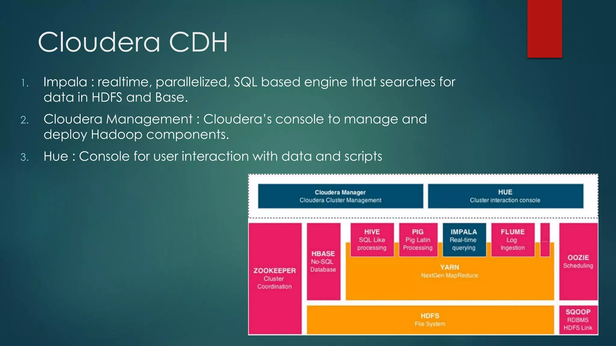 Cloudera CDH
1. Impala : realtime, parallelized, SQL based engine that searches for
data in HDFS and Base.
2. Cloudera Management : Cloudera’s console to manage and
deploy Hadoop components.
3. Hue : Console for user interaction with data and scripts
 
