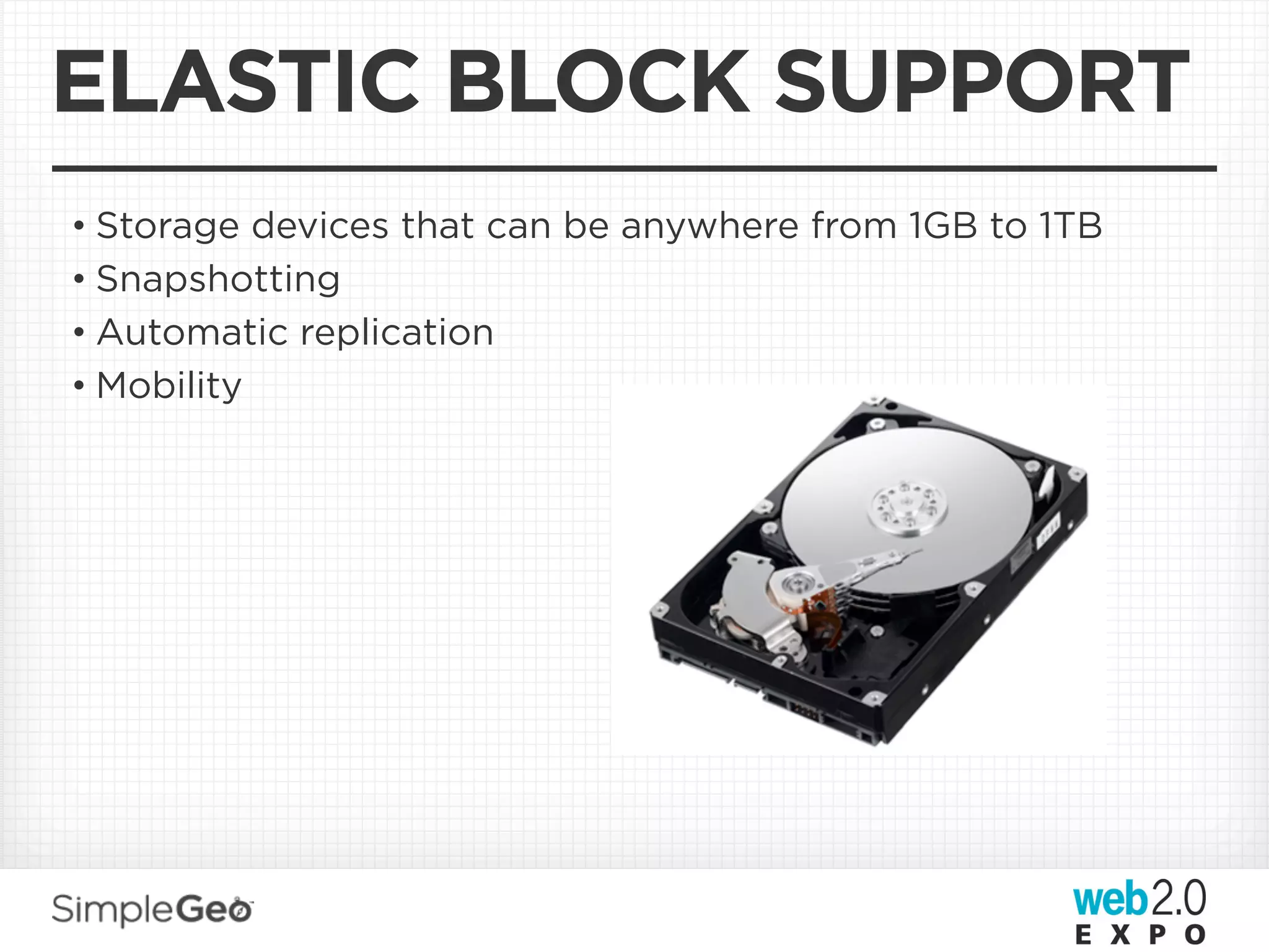 ELASTIC BLOCK SUPPORT
• Storage devices that can be anywhere from 1GB to 1TB
• Snapshotting
• Automatic replication
• Mobility
 