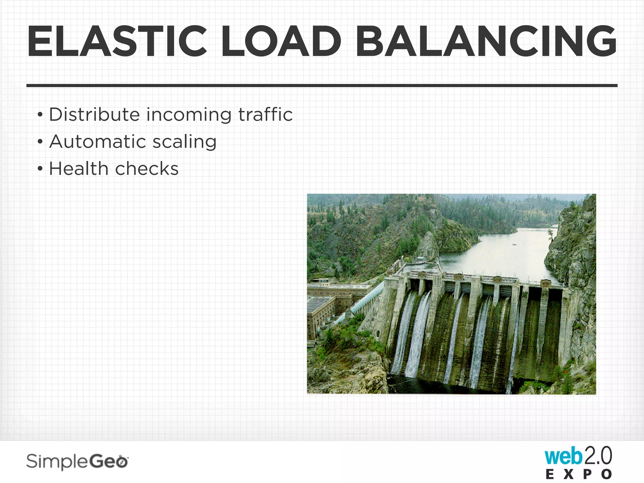 ELASTIC LOAD BALANCING
• Distribute incoming traﬃc
• Automatic scaling
• Health checks
 