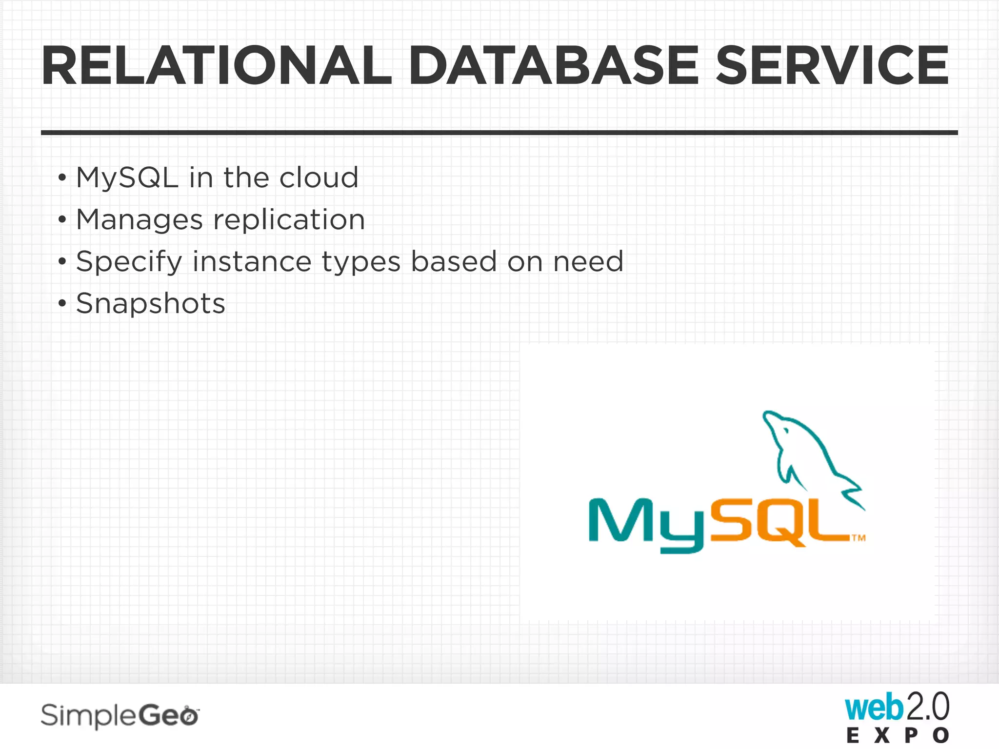 RELATIONAL DATABASE SERVICE
• MySQL in the cloud
• Manages replication
• Specify instance types based on need
• Snapshots
 