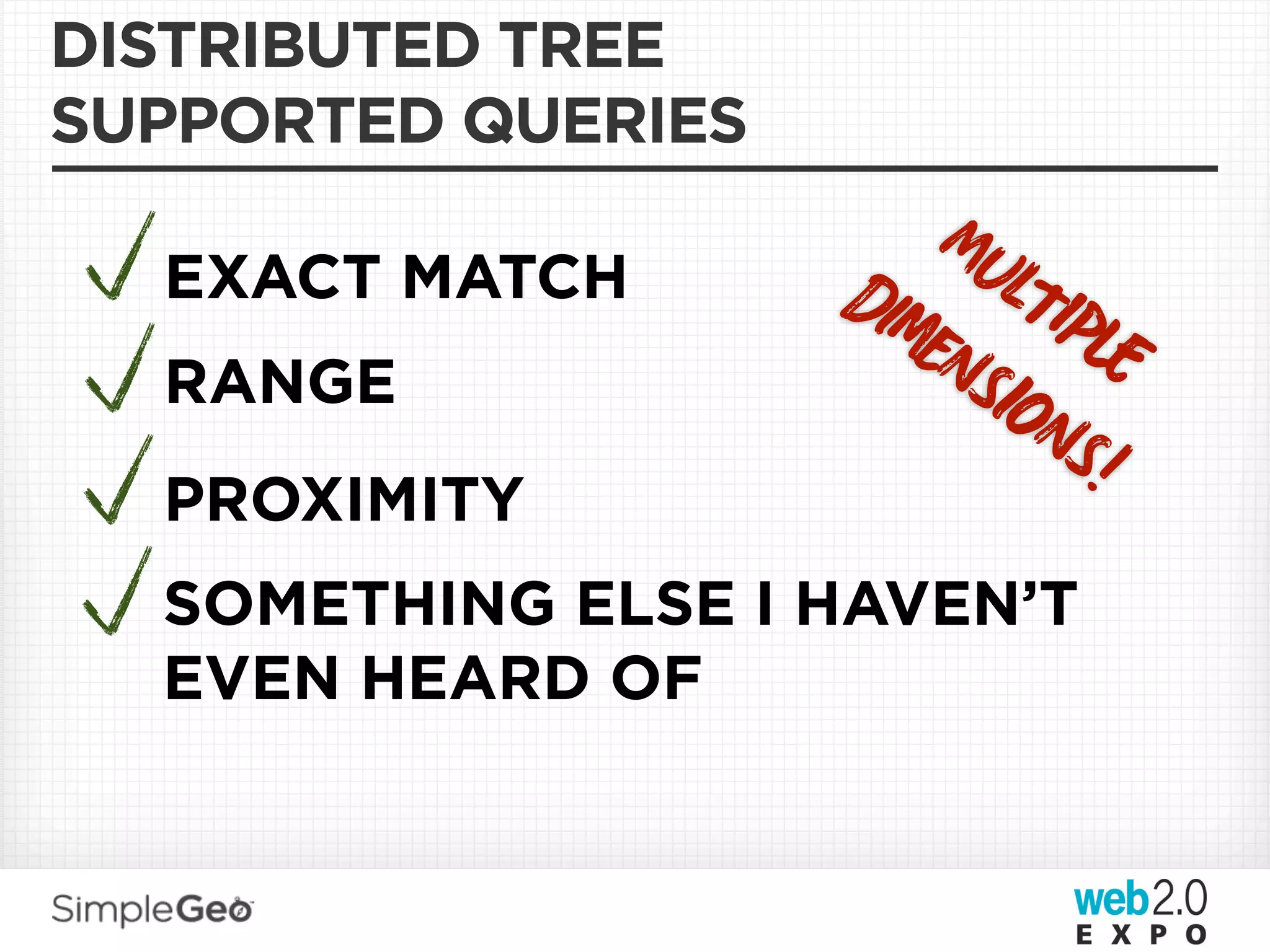 DISTRIBUTED TREE
SUPPORTED QUERIES
                       MUL
  EXACT MATCH       DI P
                       NS   
  RANGE
                           NS!
  PROXIMITY
  SOMETHING ELSE I HAVEN’T
  EVEN HEARD OF
 