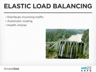 ELASTIC LOAD BALANCING
• Distribute incoming traﬃc
• Automatic scaling
• Health checks
 