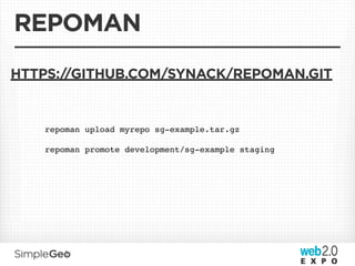 REPOMAN
HTTPS://GITHUB.COM/SYNACK/REPOMAN.GIT


   repoman upload myrepo sg-example.tar.gz

   repoman promote development/sg-example staging
 