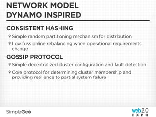 NETWORK MODEL
DYNAMO INSPIRED
CONSISTENT HASHING
 Simple random partitioning mechanism for distribution
 Low fuss online rebalancing when operational requirements
 change
GOSSIP PROTOCOL
 Simple decentralized cluster configuration and fault detection
 Core protocol for determining cluster membership and
 providing resilience to partial system failure
 