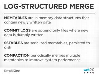LOG-STRUCTURED MERGE
MEMTABLES are in memory data structures that
contain newly written data

COMMIT LOGS are append only files where new
data is durably written

SSTABLES are serialized memtables, persisted to
disk

COMPACTION periodically merges multiple
memtables to improve system performance
 