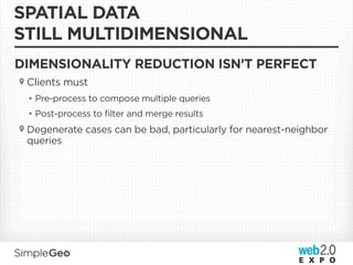 SPATIAL DATA
STILL MULTIDIMENSIONAL
DIMENSIONALITY REDUCTION ISN’T PERFECT
 Clients must
 • Pre-process to compose multiple queries
 • Post-process to filter and merge results
 Degenerate cases can be bad, particularly for nearest-neighbor
 queries
 