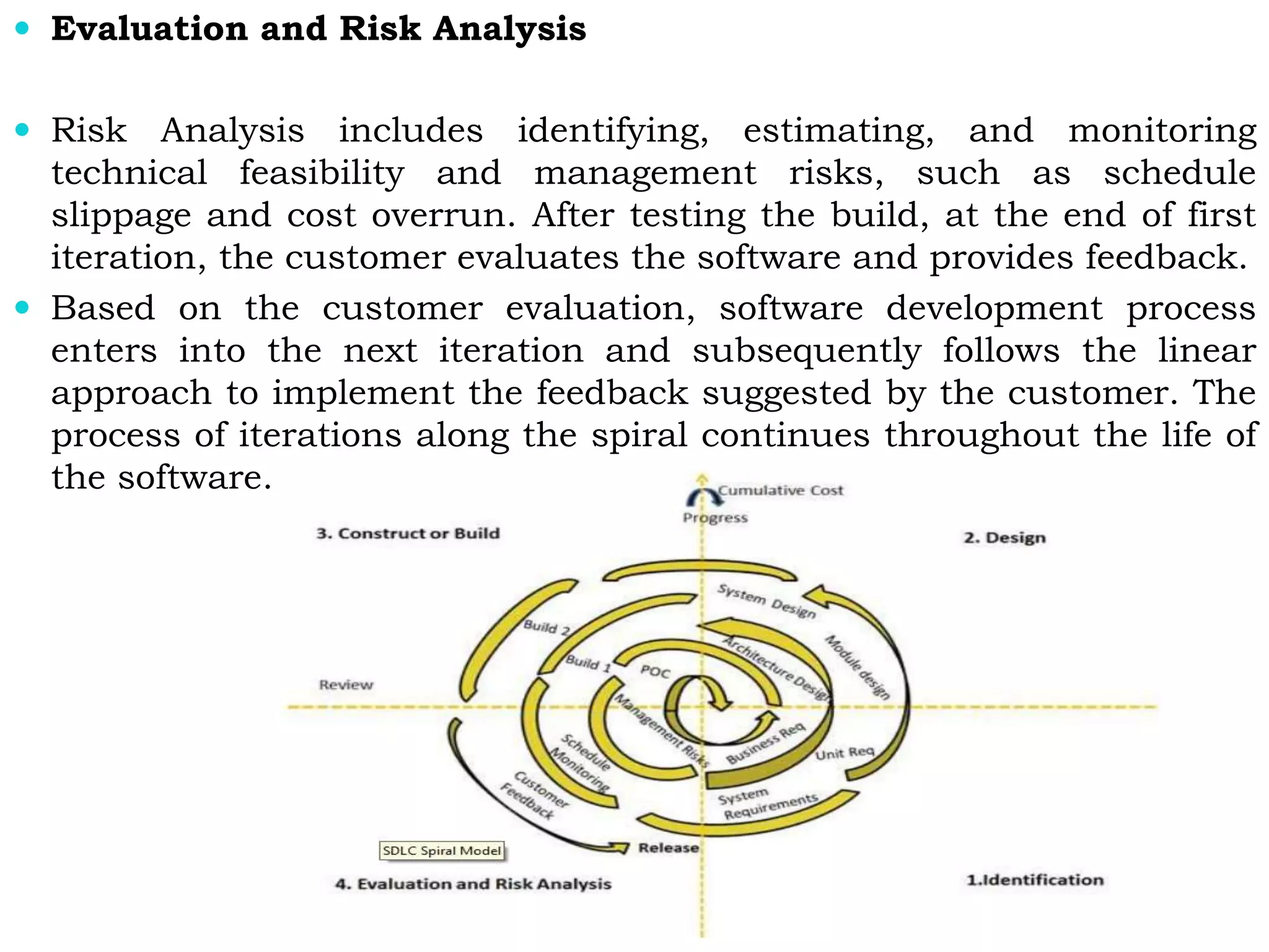  Evaluation and Risk Analysis
 Risk Analysis includes identifying, estimating, and monitoring
technical feasibility and management risks, such as schedule
slippage and cost overrun. After testing the build, at the end of first
iteration, the customer evaluates the software and provides feedback.
 Based on the customer evaluation, software development process
enters into the next iteration and subsequently follows the linear
approach to implement the feedback suggested by the customer. The
process of iterations along the spiral continues throughout the life of
the software.
 