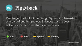 Piggyback
Plan to get the bulk of the Design System implemented
as a part of another project. Balances out the cost
better, as you see the returns immediately.
@lauravandoore
#2
Cost Risk Speed Quality
 