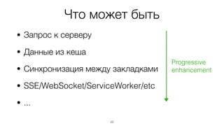 Что может быть
• Запрос к серверу
• Данные из кеша
• Синхронизация между закладками
• SSE/WebSocket/ServiceWorker/etc
• ...
23
Progressive
enhancement
 