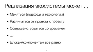 Реализация экосистемы может ...
• Меняться (подходы и технологии)
• Различаться от проекта к проекту
• Совершенствоваться со временем
• ...
• Блокам/компонентам все равно
24
 