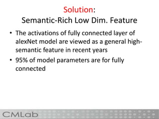 Solution:
Semantic-Rich Low Dim. Feature
• The activations of fully connected layer of
alexNet model are viewed as a general high-
semantic feature in recent years
• 95% of model parameters are for fully
connected
 