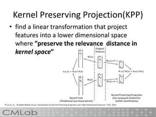 Kernel Preserving Projection(KPP)
• find a linear transformation that project
features into a lower dimensional space
where ”preserve the relevance distance in
kernel space”
YC Su et. al. ,”Scalable Mobile Visual Classification by Kernel Preserving Projection over High Dimensional Features”, IEEE, 2014
 