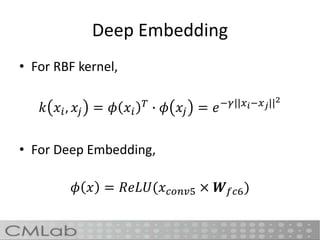 Deep Embedding
• For RBF kernel,
𝑘 𝑥𝑖, 𝑥𝑗 = 𝜙 𝑥𝑖
𝑇
∙ 𝜙 𝑥𝑗 = 𝑒−𝛾||𝑥 𝑖−𝑥 𝑗||2
• For Deep Embedding,
𝜙 𝑥 = 𝑅𝑒𝐿𝑈(𝑥 𝑐𝑜𝑛𝑣5 × 𝑾 𝑓𝑐6)
 
