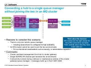 Connecting a hub to a single queue manager 
without joining the two in an MQ cluster 
Cluster 
Gateway QM1 SDR/RCVR RReemmoottee QQMM11 
Gateway QM1 
Hub1 
QM1 
Standby 
Hub1 
QM1 
Standby 
Hub1 
QM2 
Hub1 
QM2 
Standby 
Hub1 
QM2 
Standby 
Hub1 AApppp22 IInnsstt22 
QM2 
MMQQ CClluusstteerr 11 
Hub 1 
Hub1 
QM1 
Hub1 
QM1 
AApppp11 IInnsstt11 
AApppp11 IInnsstt22 
AApppp11 IInnsstt33 
AApppp11 IInnsstt44 
Cluster 
Cluster 
Cluster 
Gateway QM1 
Standby 
Gateway QM1 
Standby 
• Reasons to consider this scenario: 
– There is only one remote queue manager 
Remote QM1 
Standby 
Remote QM1 
Standby 
• Including cases where it is configured for high availability 
– An MQ cluster cannot be used to join the two environments 
AApppp22 IInnsstt11 
Think about the decision 
MQ clusters are the right answer for 
many MQ connectivity scenarios. 
Think carefully about why they have 
• For non-functional considerations such as security, or administrative separation 
• Comments 
– Cluster workload management from hub to cluster gateway 
– Single SDR/RCVR channel pair between the environments 
– Connectivity is down during a failover or maintenance window of the cluster 
gateway queue manager – messages build up in Hub1 QM1/QM2 
been ruled out. 
© 2013 International Business Machines Corporation 7 
 