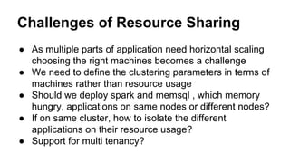 Challenges of Resource Sharing
● As multiple parts of application need horizontal scaling
choosing the right machines becomes a challenge
● We need to define the clustering parameters in terms of
machines rather than resource usage
● Should we deploy spark and memsql , which memory
hungry, applications on same nodes or different nodes?
● If on same cluster, how to isolate the different
applications on their resource usage?
● Support for multi tenancy?
 