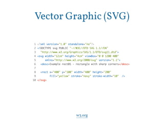 Vector Graphic (SVG) 
1 <?xml version="1.0" standalone="no"?> 
2 <!DOCTYPE svg PUBLIC "-//W3C//DTD SVG 1.1//EN" 
3 "http://www.w3.org/Graphics/SVG/1.1/DTD/svg11.dtd"> 
4 <svg width="12cm" height="4cm" viewBox="0 0 1200 400" 
5 xmlns="http://www.w3.org/2000/svg" version="1.1"> 
6 <desc>Example rect01 - rectangle with sharp corners</desc> 
7 
8 <rect x="400" y="100" width="400" height="200" 
9 fill="yellow" stroke="navy" stroke-width="10" /> 
10 </svg> 
w3.org 
 