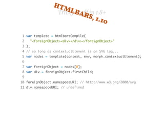 Tricky stuff in 1.8+ HTMLBARS, 1.10 
1 var template = htmlbarsCompile( 
2 "<foreignObject><div></div></foreignObject>" 
3 ); 
4 // so long as contextualElement is an SVG tag... 
5 var nodes = template(context, env, morph.contextualElement); 
6 
7 var foreignObject = nodes[0]; 
8 var div = foreignObject.firstChild; 
9 
10 foreignObject.namespaceURI; // http://www.w3.org/2000/svg 
11 div.namespaceURI; // undefined 
 