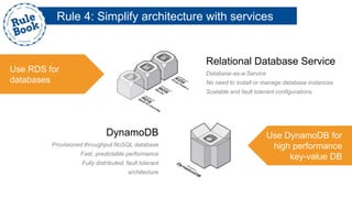 Relational Database Service
Database-as-a-Service
No need to install or manage database instances
Scalable and fault tolerant configurations
DynamoDB
Provisioned throughput NoSQL database
Fast, predictable performance
Fully distributed, fault tolerant
architecture
Use RDS for
databases
Use DynamoDB for
high performance
key-value DB
Rule 4: Simplify architecture with services
 