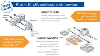 Amazon SQS
Processing
task/processing
trigger
Processing
results
Amazon SQS
Reliable, highly scalable, queue
service for storing messages as they
travel between instances
Task A
Task B
(Auto-scaling)
Task C
2
3
1
Simple Workflow
Reliably coordinate processing
steps across applications
Integrate AWS and non-AWS
resources
Manage distributed state in
complex systems
Push inter-process
workflows into the
cloud with SWF
Reliable message
queuing without
additional software
Rule 4: Simplify architecture with services
 
