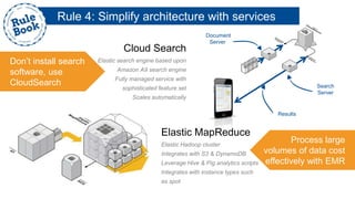 Cloud Search
Elastic search engine based upon
Amazon A9 search engine
Fully managed service with
sophisticated feature set
Scales automatically
Document
Server
Results
Search
Server
Don’t install search
software, use
CloudSearch
Process large
volumes of data cost
effectively with EMR
Elastic MapReduce
Elastic Hadoop cluster
Integrates with S3 & DynamoDB
Leverage Hive & Pig analytics scripts
Integrates with instance types such
as spot
Rule 4: Simplify architecture with services
 