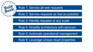 Rule 2: Service requests as fast as possible
Rule 1: Service all web requests
Rule 3: Handle requests at any scale
Rule 4: Simplify architecture with services
Rule 5: Automate operational management
Rule 6: Leverage unique cloud properties
 