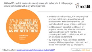 • reddit is a San Francisco, CA company that
provides reddit.com, a social news and
entertainment website where users can
submit and rank ideas, images, and links
• reddit originally operated reddit.com on
physical servers, but after the number of
users quadrupled in 18 months, the
company realized it couldn’t scale with an
on-premises environment
• By migrating to AWS, reddit can scale to
manage 4 billion page views per month and
run its website with only 20 employees
With AWS, reddit scales its social news site to handle 4 billion page
views per month with only 20 employees
Find out more here : aws.amazon.com/de/solutions/case-studies/reddit/
 