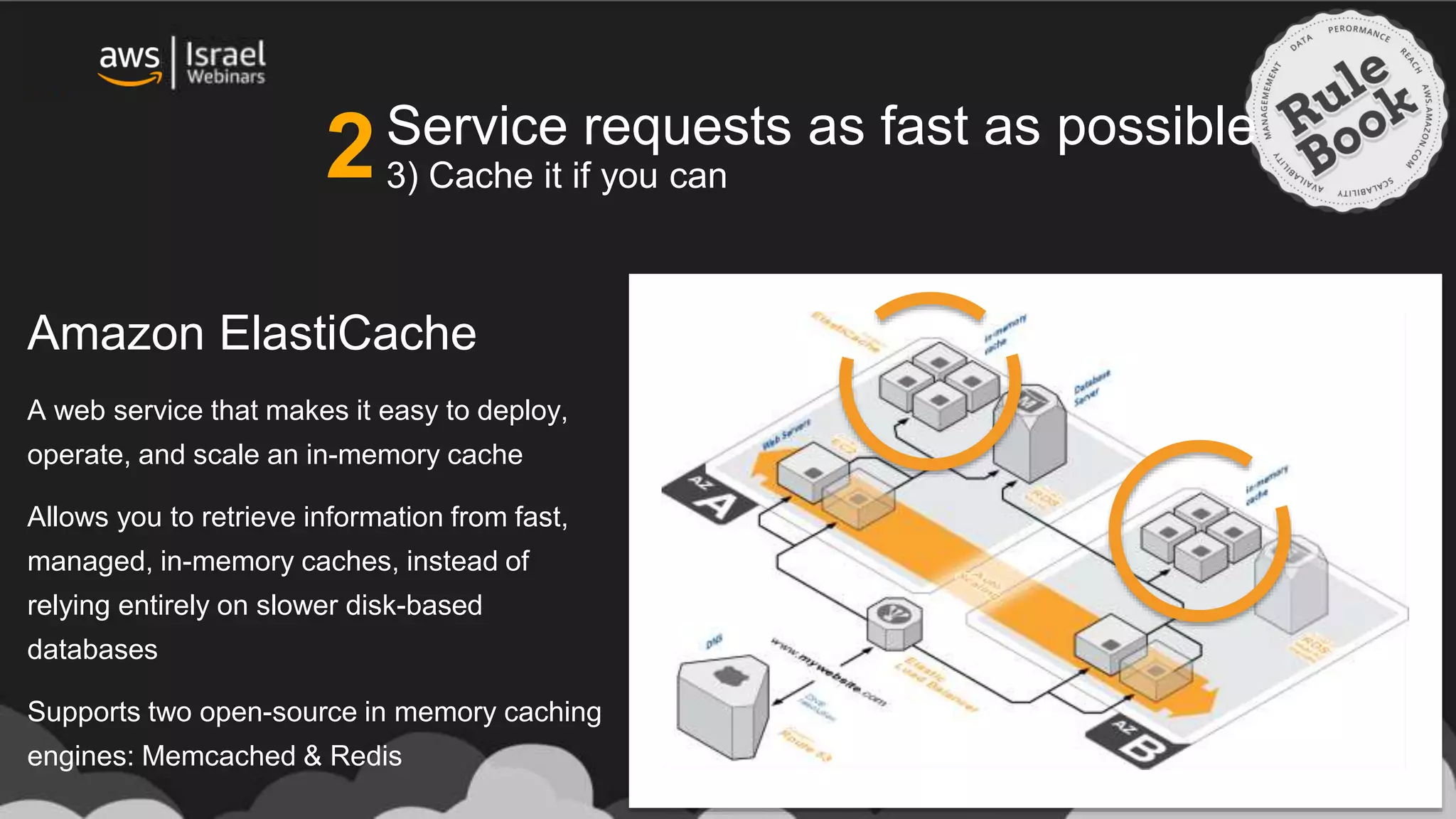 Service requests as fast as possible
3) Cache it if you can
Amazon ElastiCache
A web service that makes it easy to deploy,
operate, and scale an in-memory cache
Allows you to retrieve information from fast,
managed, in-memory caches, instead of
relying entirely on slower disk-based
databases
Supports two open-source in memory caching
engines: Memcached & Redis
2
 