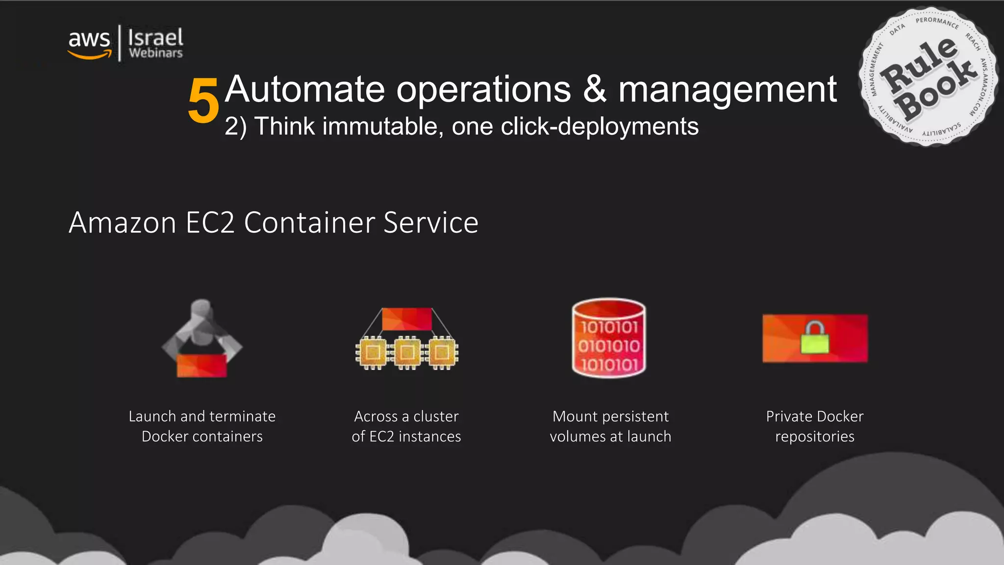 Automate operations & management
2) Think immutable, one click-deployments
Launch and terminate
Docker containers
Across a cluster
of EC2 instances
Mount persistent
volumes at launch
Private Docker
repositories
Amazon EC2 Container Service
5
 