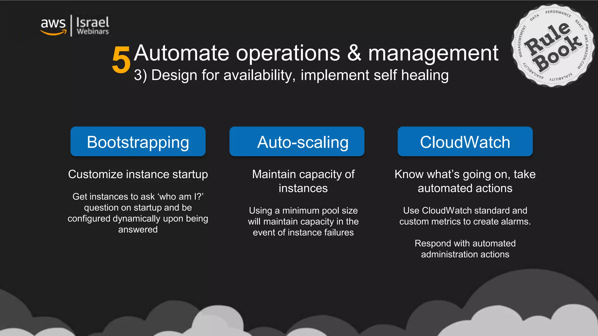 Automate operations & management
3) Design for availability, implement self healing
Customize instance startup
Get instances to ask ‘who am I?’
question on startup and be
configured dynamically upon being
answered
Maintain capacity of
instances
Using a minimum pool size
will maintain capacity in the
event of instance failures
Know what’s going on, take
automated actions
Use CloudWatch standard and
custom metrics to create alarms.
Respond with automated
administration actions
Bootstrapping Auto-scaling CloudWatch
5
 
