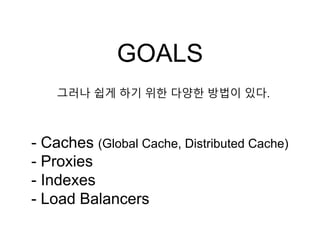 그러나 쉽게 하기 위한 다양한 방법이 있다.
- Caches (Global Cache, Distributed Cache)
- Proxies
- Indexes
- Load Balancers
GOALS
 