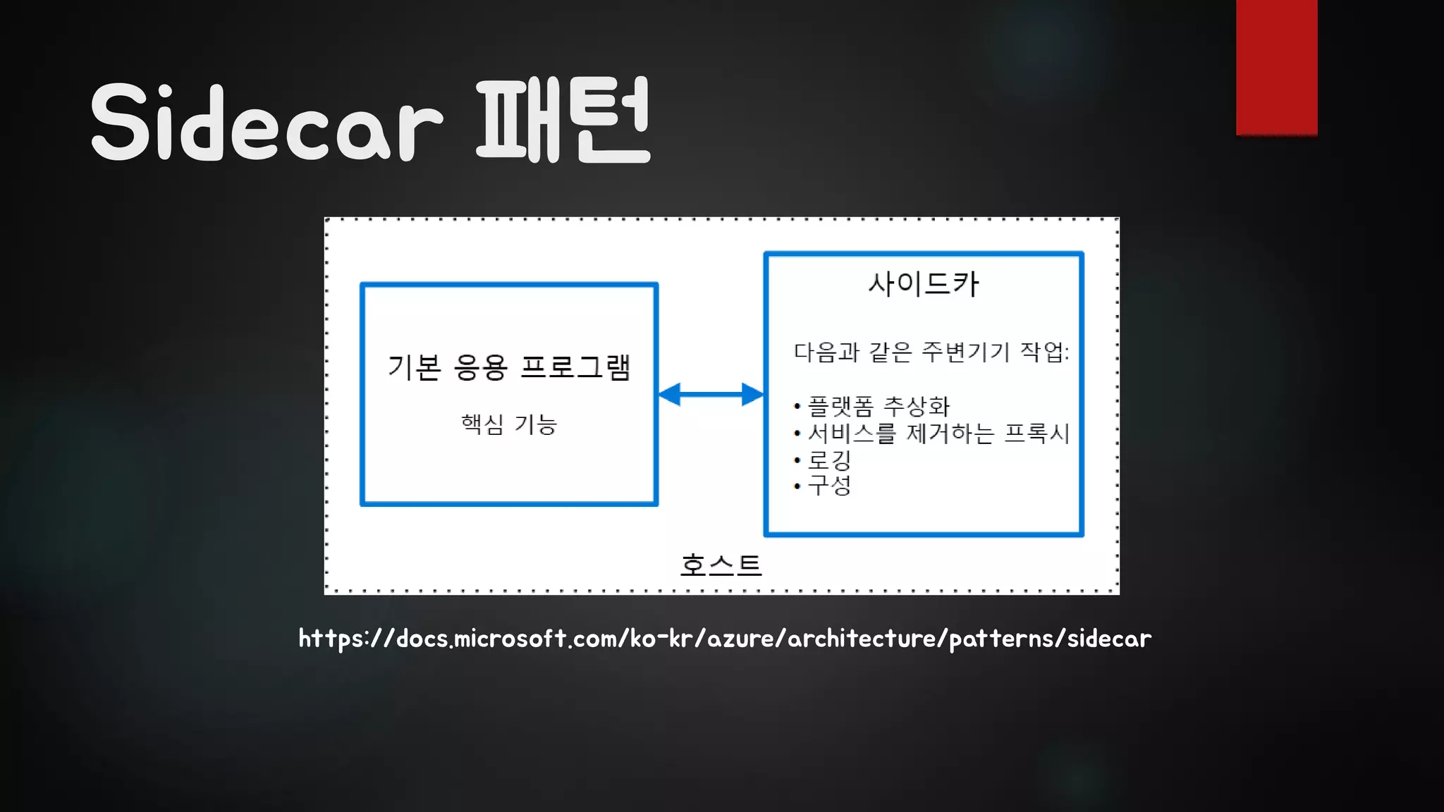 Sidecar 패턴
https://docs.microsoft.com/ko-kr/azure/architecture/patterns/sidecar
 