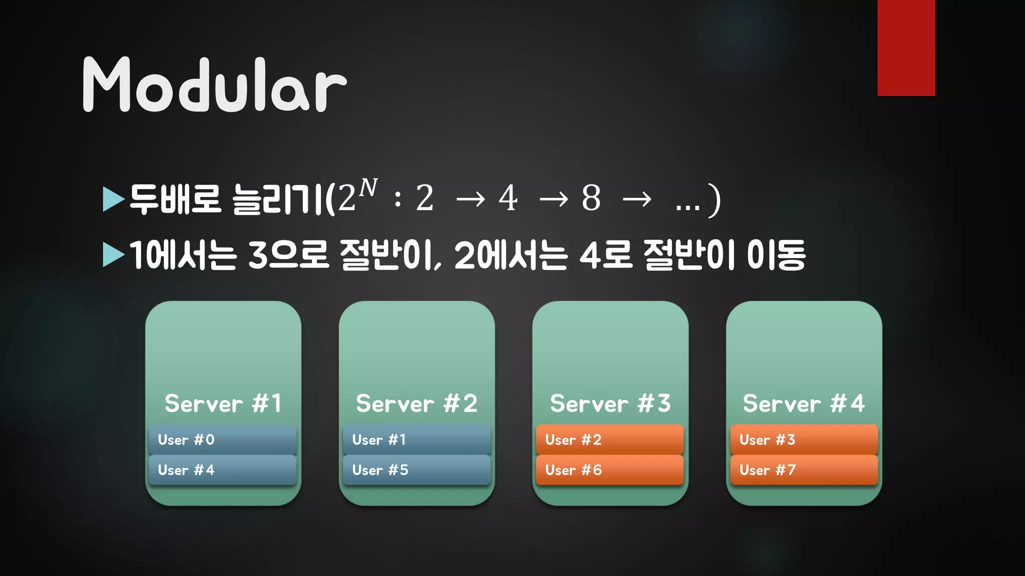 Modular
두배로 늘리기(2 𝑁
∶ 2 → 4 → 8 → … )
1에서는 3으로 절반이, 2에서는 4로 절반이 이동
Server #1 Server #2
User #0 User #1
Server #3 Server #4
User #2 User #3
User #4 User #5 User #6 User #7
 