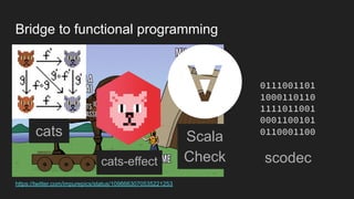 Bridge to functional programming
https://twitter.com/impurepics/status/1098663070535221253
cats
cats-effect
Scala
Check scodec
 