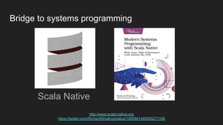 Bridge to systems programming
http://www.scala-native.org
https://twitter.com/RichardWhaling/status/1090681460955271168
Scala Native
 