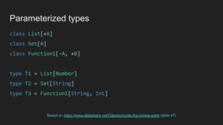 Parameterized types
class List[+A]
class Set[A]
class Function1[-A, +B]
type T1 = List[Number]
type T2 = Set[String]
type T3 = Function1[String, Int]
Based on https://www.slideshare.net/Odersky/scala-the-simple-parts (slide 47)
 