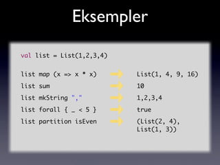 Eksempler
val list = List(1,2,3,4)


list map (x => x * x)      List(1, 4, 9, 16)
list sum                   10
list mkStr...