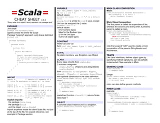 =Scala=
CHEAT SHEET v.0.1
“Every value is an object & every operation is a message send.”
PACKAGE
Java style:
package com.mycompany.mypkg
applies across the entire file scope
Package "scoping" approach: curly brace delimited
package com
{
package mycompany
{
package scala
{
package demo
{
object HelloWorld
{
import java.math.BigInteger
// just to show nested importing
def main(args : Array[String]) :
Unit =
{ Console.println("Hello there!")
}
}
}
}
}
}
IMPORT
import p._ // imports all members of p
// (this is analogous to import p.* in Java)
import p.x // the member x of p
import p.{x => a} // the member x of p renamed
// as a
import p.{x, y} // the members x and y of p
import p1.p2.z // the member z of p2,
// itself member of p1
import p1._, p2._ // is a shorthand for import
// p1._; import p2._
implicit imports:
the package java.lang
the package scala
and the object scala.Predef
Import anywhere inside the client Scala file, not just
at the top of the file, for scoped relevance, see
example in Package section.
VARIABLE
var var_name: type = init_value;
eg. var i : int = 0;
default values:
private var myvar: T = _ // "_" is a default
value
scala.Unit is similar to void in Java, except
Unit can be assigned the () value.
unnamed2: Unit = ()
default values:
0 for numeric types
false for the Boolean type
() for the Unit type
null for all object types
CONSTANT
Prefer val over var.
form: val var_name: type = init_value;
val i : int = 0;
STATIC
No static members, use Singleton, see Object
CLASS
Every class inherits from scala.Any
2 subclass categories:
scala.AnyVal (maps to java.lang.Object)
scala.AnyRef
form: abstract class(pName: PType1,
pName2: PType2...) extends SuperClass
with optional constructor in the class definition:
class Person(name: String, age: int) extends
Mammal {
// secondary constructor
def this(name: String) {
// calls to the "primary" constructor
this(name, 1);
}
// members here
}
predefined function classOf[T] returns Scala
class type T
OBJECT
A concrete class instance and is a singleton.
object RunRational extends Application
{
// members here
}
MIXIN CLASS COMPOSITION
Mixin:
trait RichIterator extends AbsIterator {
def foreach(f: T => Unit) {
while (hasNext) f(next)
}
}
Mixin Class Composition:
The first parent is called the superclass of Iter,
whereas the second (and every other, if present)
parent is called a mixin.
object StringIteratorTest {
def main(args: Array[String]) {
class Iter extends StringIterator(args(0))
with RichIterator
val iter = new Iter
iter foreach println
}
}
note the keyword "with" used to create a mixin
composition of the parents StringIterator and
RichIterator.
TRAITS
Like Java interfaces, defines object types by
specifying method signatures, can be partially
implemented. See example in Mixin.
GENERIC CLASS
class Stack[T] {
// members here
}
Usage:
object GenericsTest extends Application {
val stack = new Stack[Int]
// do stuff here
}
note: can also define generic methods
INNER CLASS
example:
class Graph {
class Node {
var connectedNodes: List[Node] = Nil
def connectTo(node: Node) {
if
(connectedNodes.find(node.equals).isEmpty) {
connectedNodes = node :: connectedNodes
}
}
}
// members here
}
 