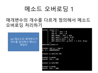 메소드 오버로딩 1
매개변수의 개수를 다르게 정의해서 메소드
오버로딩 처리하기
set 메소드의 매개변수가
개수를 달리해서 메소드
재정의
 