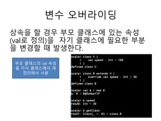 변수 오버라이딩
상속을 할 경우 부모 클래스에 있는 속성
(val로 정의)을 자기 클래스에 필요한 부분
을 변경할 때 발생한다.
부모 클래스의 val 속성
을 자식 클래스에서 재
정의해서 사용
 
