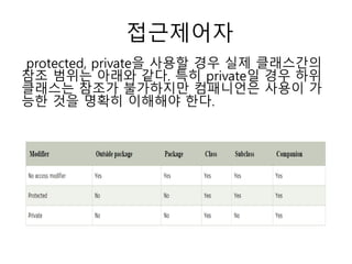 접근제어자
protected, private을 사용할 경우 실제 클래스간의
참조 범위는 아래와 같다. 특히 private일 경우 하위
클래스는 참조가 불가하지만 컴패니언은 사용이 가
능한 것을 명확히 이해해야 한다.
 