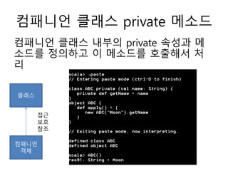 컴패니언 클래스 private 메소드
컴패니언 클래스 내부의 private 속성과 메
소드를 정의하고 이 메소드를 호출해서 처
리
클래스
컴패니언
객체
접근
보호
참조
 