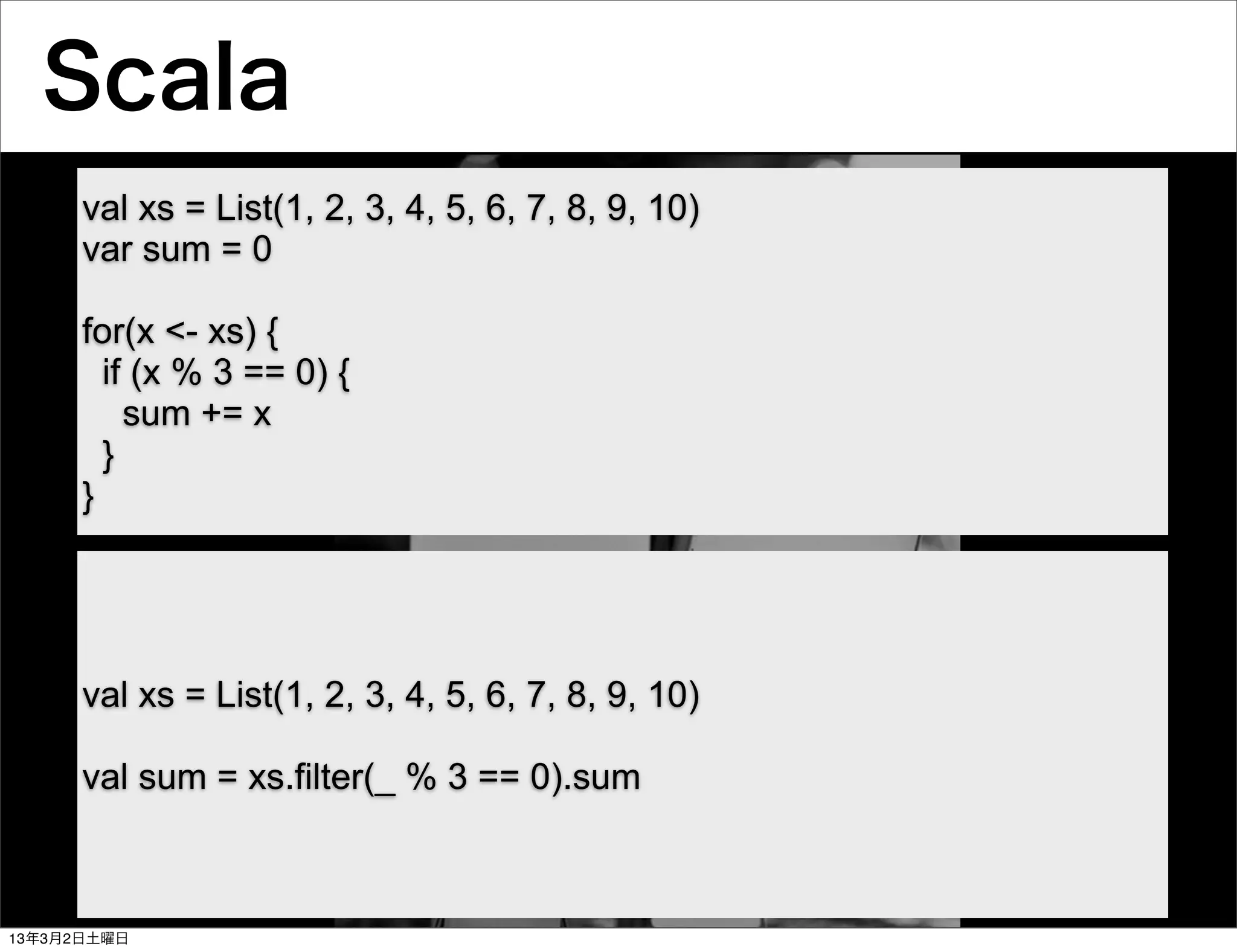 Scala
      val xs = List(1, 2, 3, 4, 5, 6, 7, 8, 9, 10)
      var sum = 0

      for(x <- xs) {
        if (x % 3 == 0) {
          sum += x
        }
      }




      val xs = List(1, 2, 3, 4, 5, 6, 7, 8, 9, 10)

      val sum = xs.filter(_ % 3 == 0).sum



13年3月2日土曜日
 