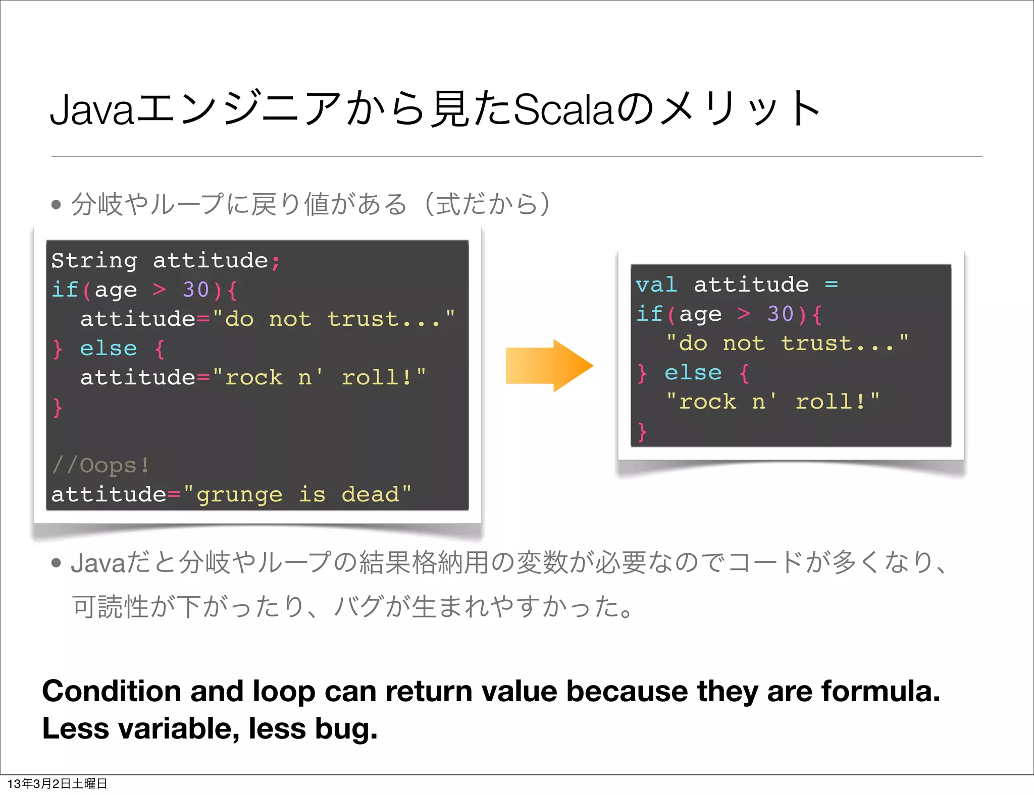 Javaエンジニアから見たScalaのメリット

    • 分岐やループに戻り値がある（式だから）

    String attitude;
    if(age > 30){                          val attitude =
      attitude="do not trust..."           if(age > 30){
    } else {                                 "do not trust..."
    • attitude="rock n' roll!"             } else {
    }                                        "rock n' roll!"
                                           }
    //Oops!
    attitude="grunge is dead"

    • Javaだと分岐やループの結果格納用の変数が必要なのでコードが多くなり、
      可読性が下がったり、バグが生まれやすかった。


   Condition and loop can return value because they are formula.
   Less variable, less bug.
13年3月2日土曜日
 