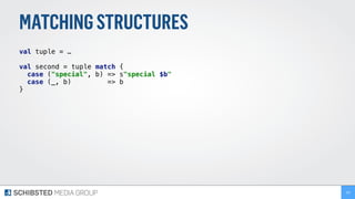 MATCHINGSTRUCTURES
val tuple = …
val second = tuple match { 
case ("special", b) => s"special $b" 
case (_, b) => b 
}
161
 