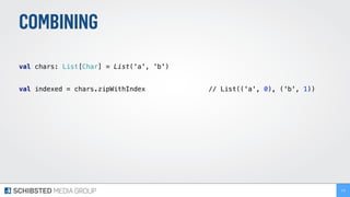 COMBINING
 
val chars: List[Char] = List('a', 'b') 
 
val indexed = chars.zipWithIndex // List(('a', 0), ('b', 1)) 
175
 