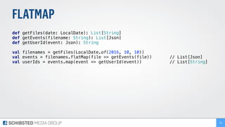 FLATMAP
def getFiles(date: LocalDate): List[String] 
def getEvents(filename: String): List[Json] 
def getUserId(event: Json): String 
val filenames = getFiles(LocalDate.of(2016, 10, 10)) 
val events = filenames.flatMap(file => getEvents(file)) // List[Json]
val userIds = events.map(event => getUserId(event)) // List[String]
182
 