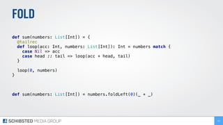 FOLD
def sum(numbers: List[Int]) = { 
@tailrec 
def loop(acc: Int, numbers: List[Int]): Int = numbers match { 
case Nil => acc 
case head :: tail => loop(acc + head, tail) 
} 
 
loop(0, numbers) 
} 
 
def sum(numbers: List[Int]) = numbers.foldLeft(0)(_ + _)
201
 