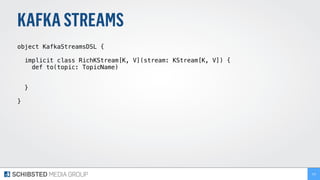 KAFKASTREAMS
object KafkaStreamsDSL {
implicit class RichKStream[K, V](stream: KStream[K, V]) {
def to(topic: TopicName)
}
}
225
 