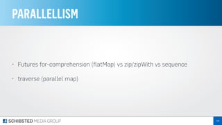 PARALLELLISM
• Futures for-comprehension (ﬂatMap) vs zip/zipWith vs sequence
• traverse (parallel map)
259
 